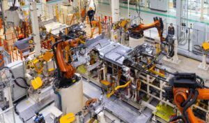 Assembly line in an automobile production plant.