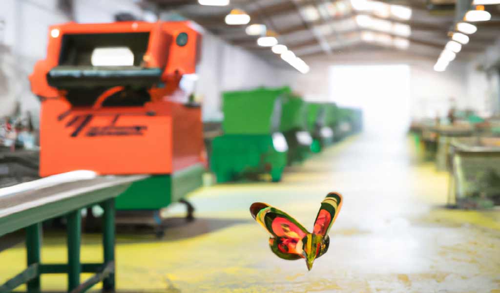 A butterfly flies over a manufacturing workshop symbolising the problems in production planning.