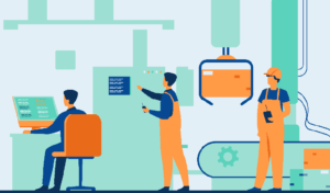 Illustration of a production line with data visualization.