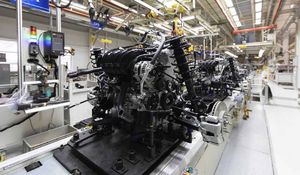 Parts assembly line in a motor vehicle factory.